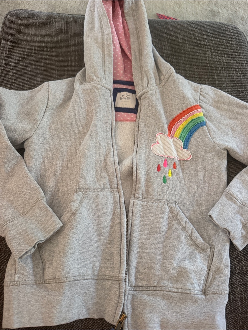 Mini Boden Gray Hoodie with Rainbow and Cloud Applique